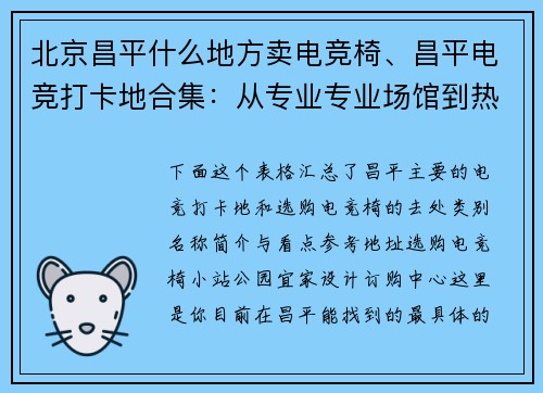 北京昌平什么地方卖电竞椅、昌平电竞打卡地合集：从专业专业场馆到热门据点